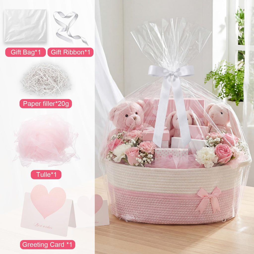 Large Woven Gift Basket Empty, Pink, Stripe