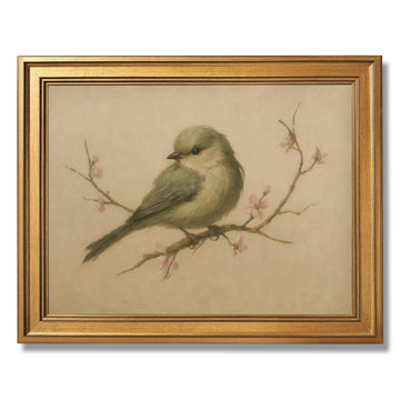 Gold Framed Vintage Spring Bird Painting Watercolor Cherry Blossom Wall Art Canvas Print Rustic Nursery Beige Bird
