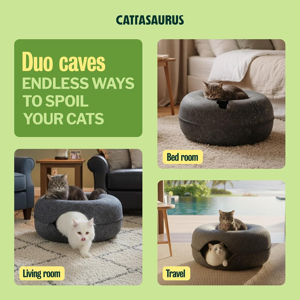 Peekaboo Cat Cave Donut for Multiple & Large Cats up to 30-45 lbs, 3-in-1 Self Warming Cat Bed, Tunnel & Scratcher