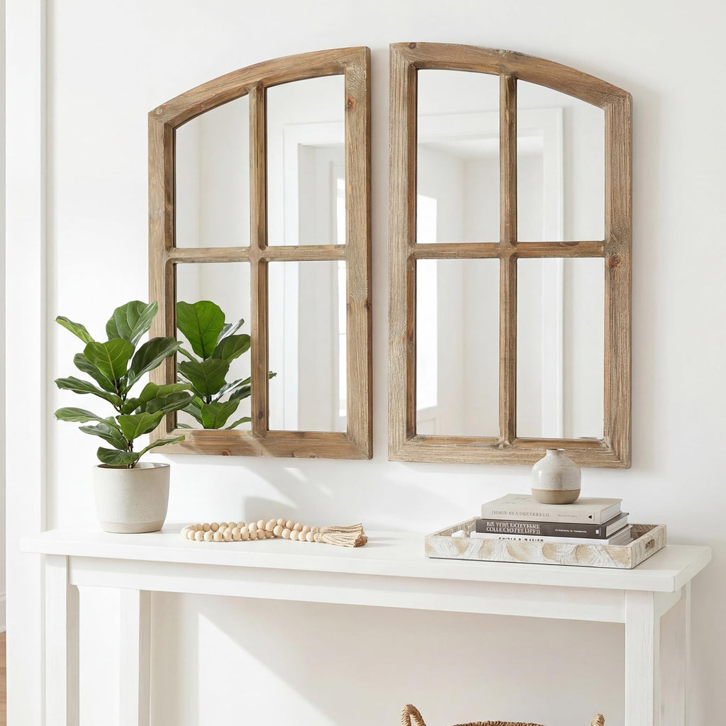Farmhouse Arched Window Wall Mirrors with Rustic Wood Frame