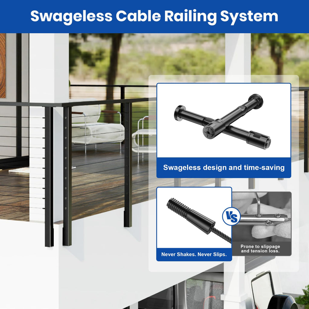 12-24FT Side Mount Cable Railing Post Kits 36 Inch, Black Space-Saving