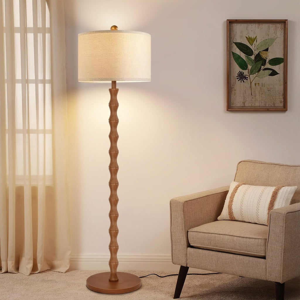 Wood Floor Lamp with 3 Color Temperatures, Boho Floor Lamp with Remote Control, Dimmable Vintage Floor Lamp Mid Century