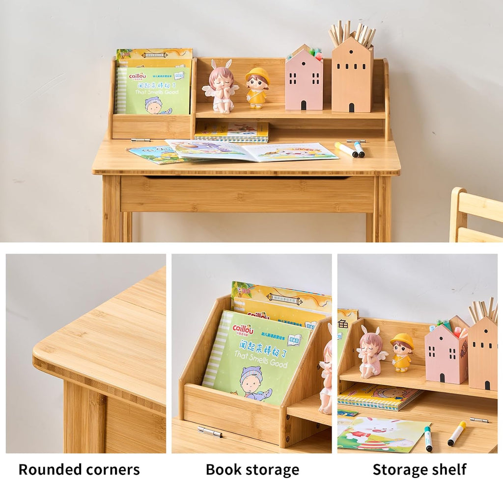 Bamboo Toddler Desk and Chair Set with Lift-Top Storage, Kids Study Table with Hutch and Bookshelf, Writing Reading
