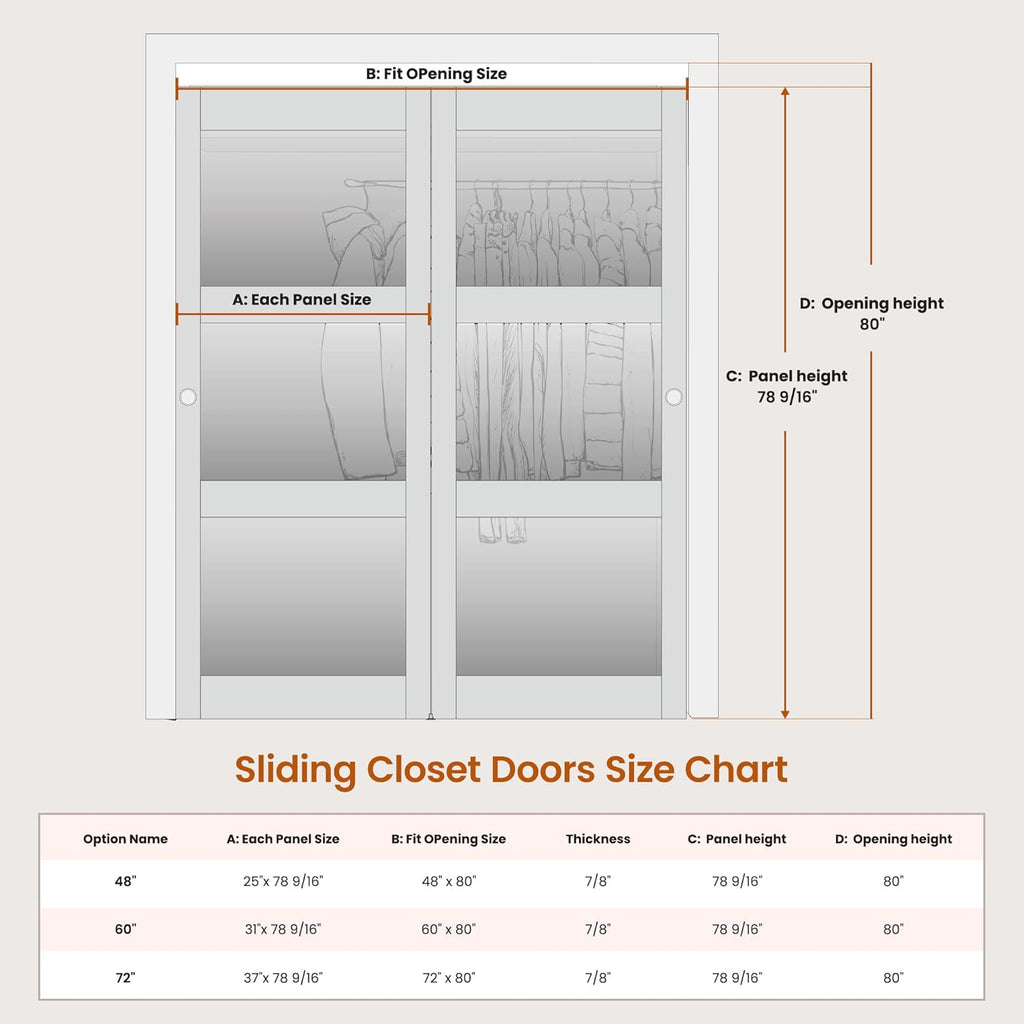 Sliding Closet Door, 72"×80"(Double Barn Doors 37"), Double Frosted 3 Panel Glass Sliding Door with 