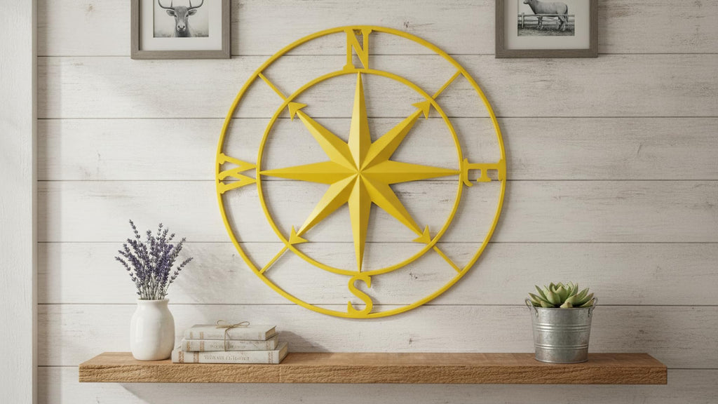 Nautical Metal Compass Wall Decor, 41 inches, Indoor/Outdoor (Gold)
