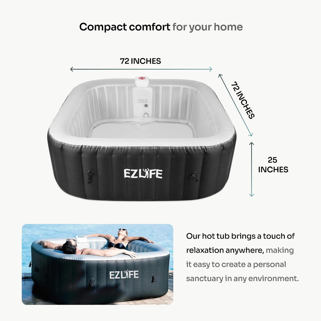 6-Person Inflatable Hot Tub Spa with LED Light Strip | 130 Air Jets, 1,350W Heater, 252-Gallon Square Spa with Cover
