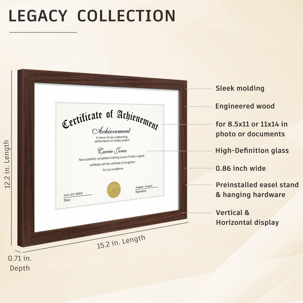 11x14 Certificate Frame with Glass, Brown, 2 Pack