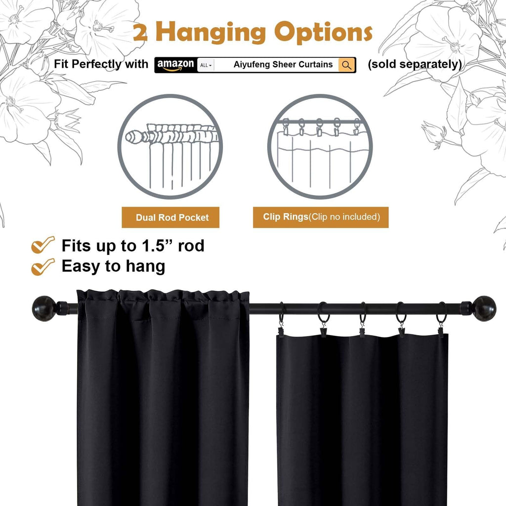 Black Blackout Long Curtains 96 Inch Length 2 Panels, Solid Thermal Insulated Energy Saving Living Room Farmhouse