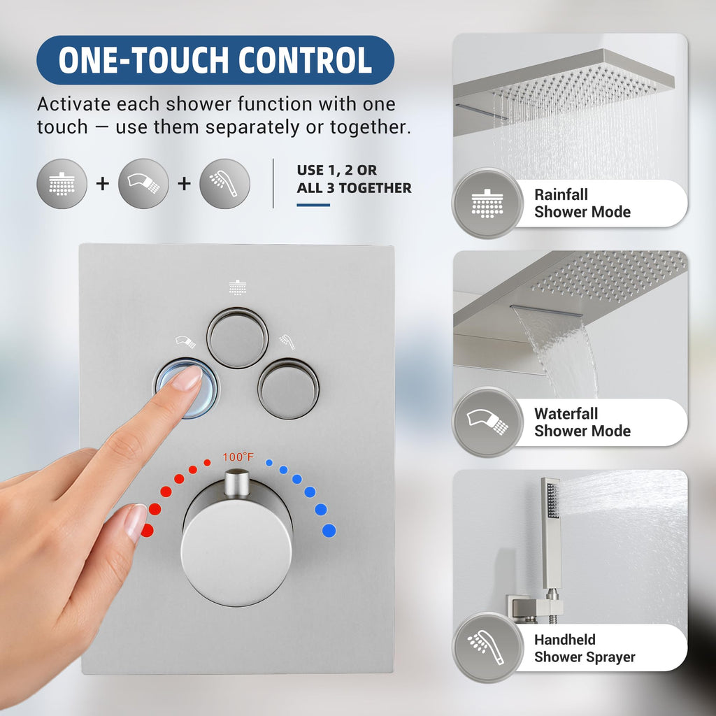 Thermostatic Shower System, Waterfall Shower Head(Brushed Nickel)