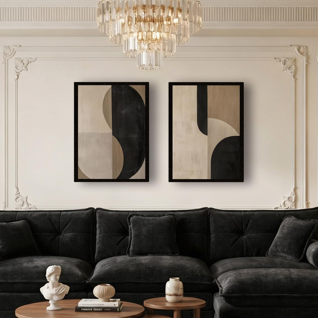 Framed Abstract Geometric Wall Art Beige Black Modern Canvas Print Modern Painting Poster Picture Gallery Artwork