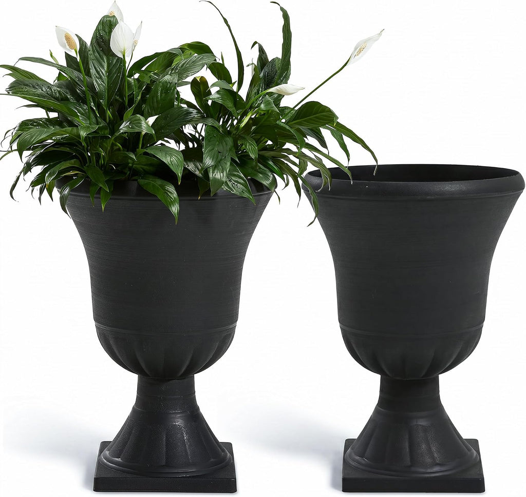 2-Pack Plastic Urn Planters for Outdoor Plants, 22'' Black Tall Round Classic Resin Traditional Flower Pots - 15 in.