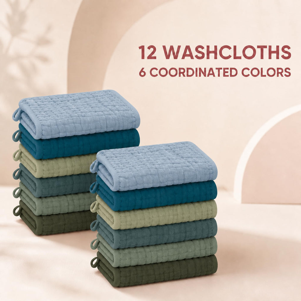 12 Pack Baby Muslin Washcloths - Face Cloths for Newborn, Absorbent Bath Wash Cloths, Wipes, Burp Rag - Toddlers