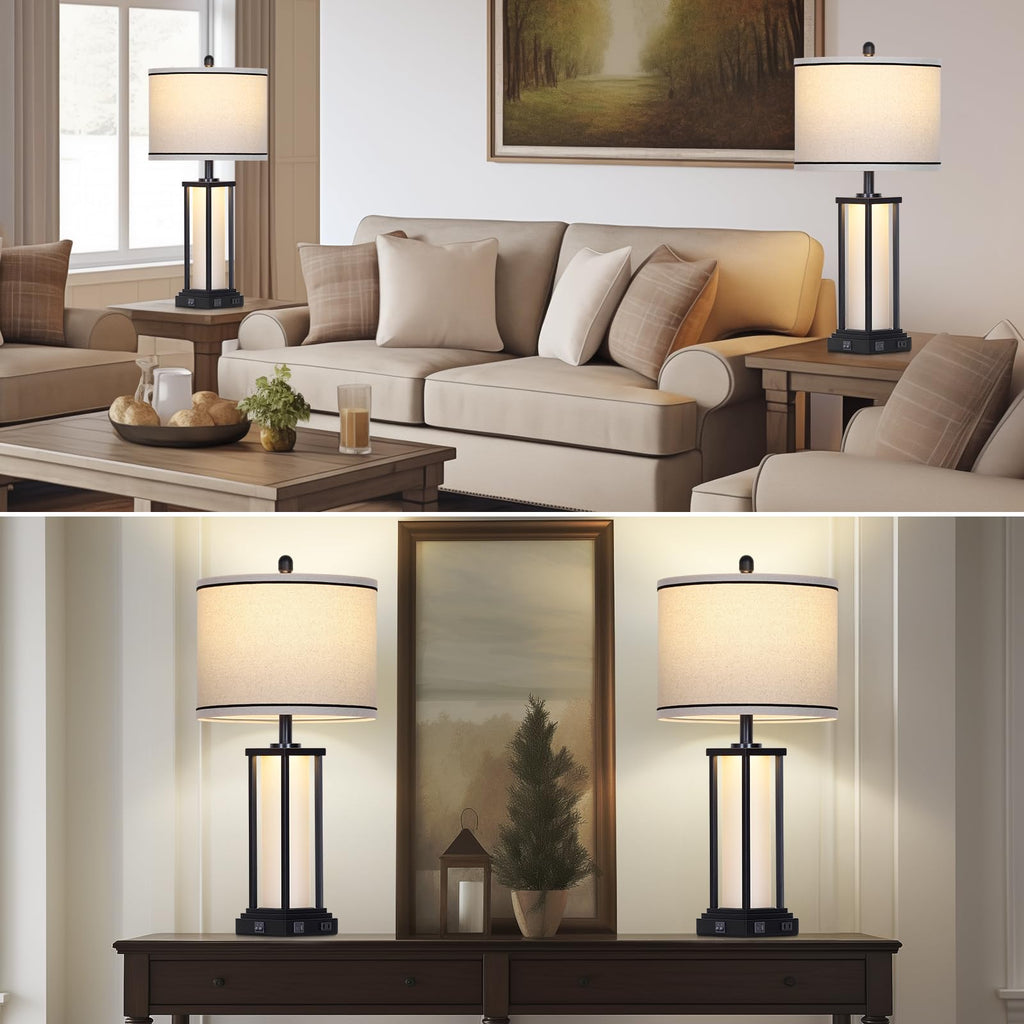 27" Tall Vintage Table Lamp Set of 2 with USB C+A & Outlet, Black Industrial End Table Lamp, Farmhouse Rustic Bedside