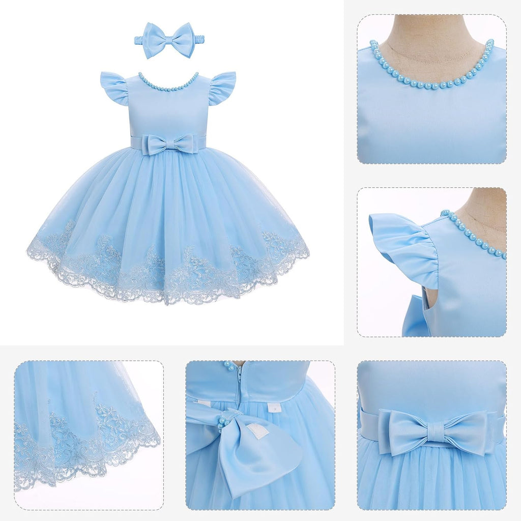Infant Baby Girls Wedding Flower Girl Dress Pearls Tulle Tutu Dress Bowknot V Back Pageant Party Birthday Formal