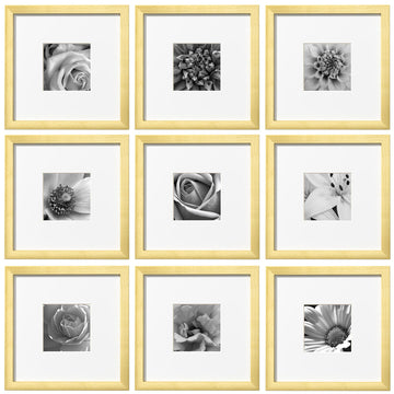 Picture Frames Set of 9, 10x10 for 5x5, Acrylic Cover, Gold