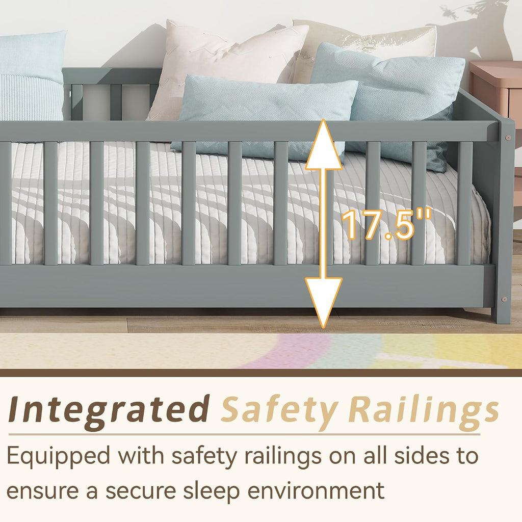 Toddler Floor Bed with High Rails, Wooden Montessori Bed Frame with Door & Built-in Book Rack, Twin Size Bed Frame