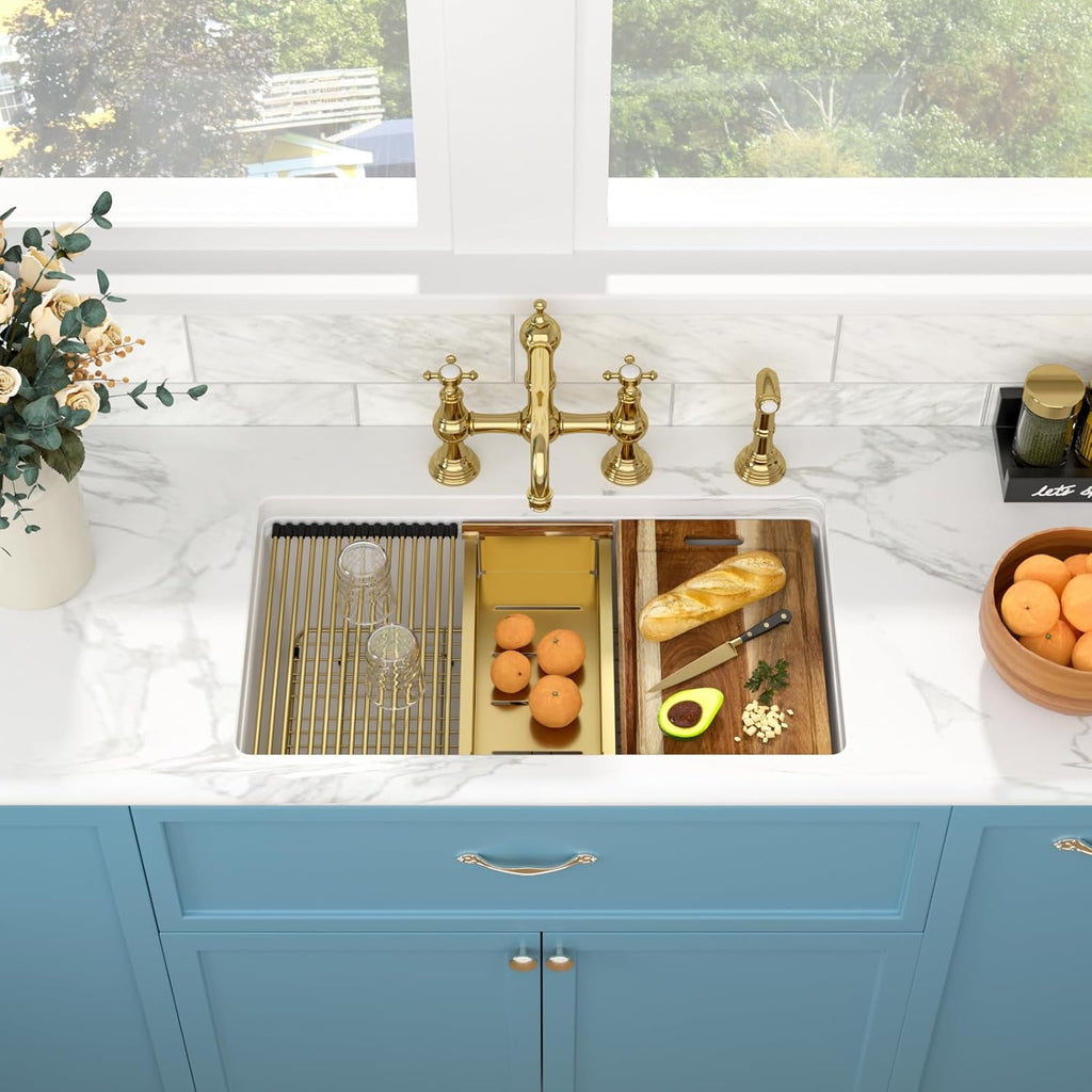 32 Granite Composite Kitchen Sink - 32 x 19 Inch Granite Undermount Kitchen Sink Ledge Workstation Under-Mount White