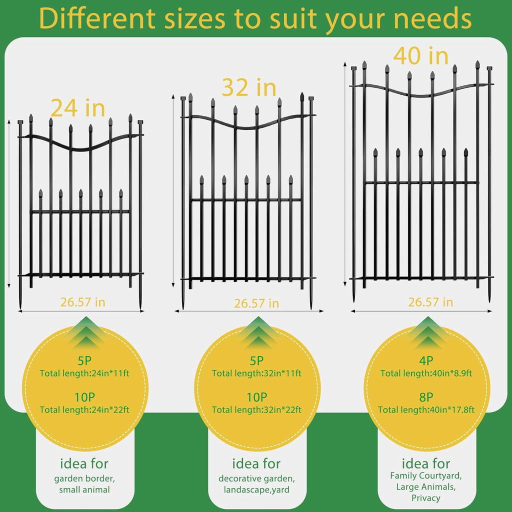 10 Panels No Dig Decorative Garden Fence with Gate, 24in(H) × 22ft(L) Heavy-Duty Rustproof Metal Panels, Outdoor Dog