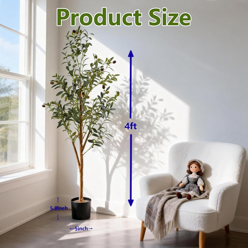 4FT Artificial Olive Tree Indoor, Tall Faux Olive Tree with Pot&Basket, Large Fake Olive Tree with Realistic 576 Silk