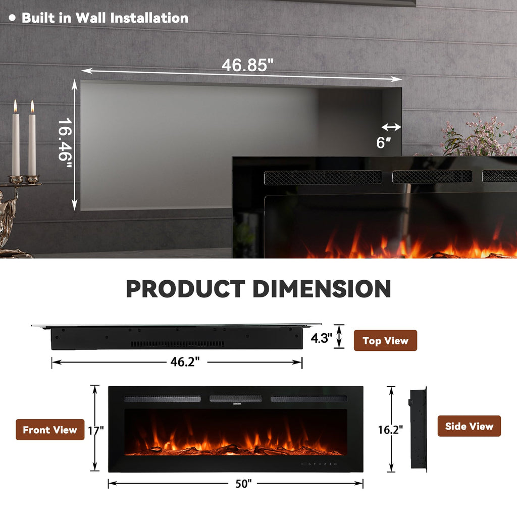 50 Inch Electric Fireplace Wall Mounted and Recessed LED Fireplace with Remote Control 8h Timer, 12 Flames, Touch