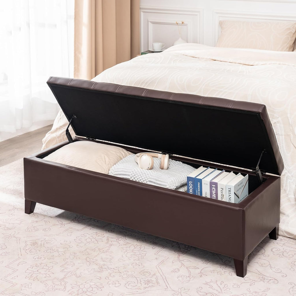 Ottoman with Storage, 51 Inch Large Ottomans Storage Bench | Faux Leather Upholstered End of Bed Bench with Hinged