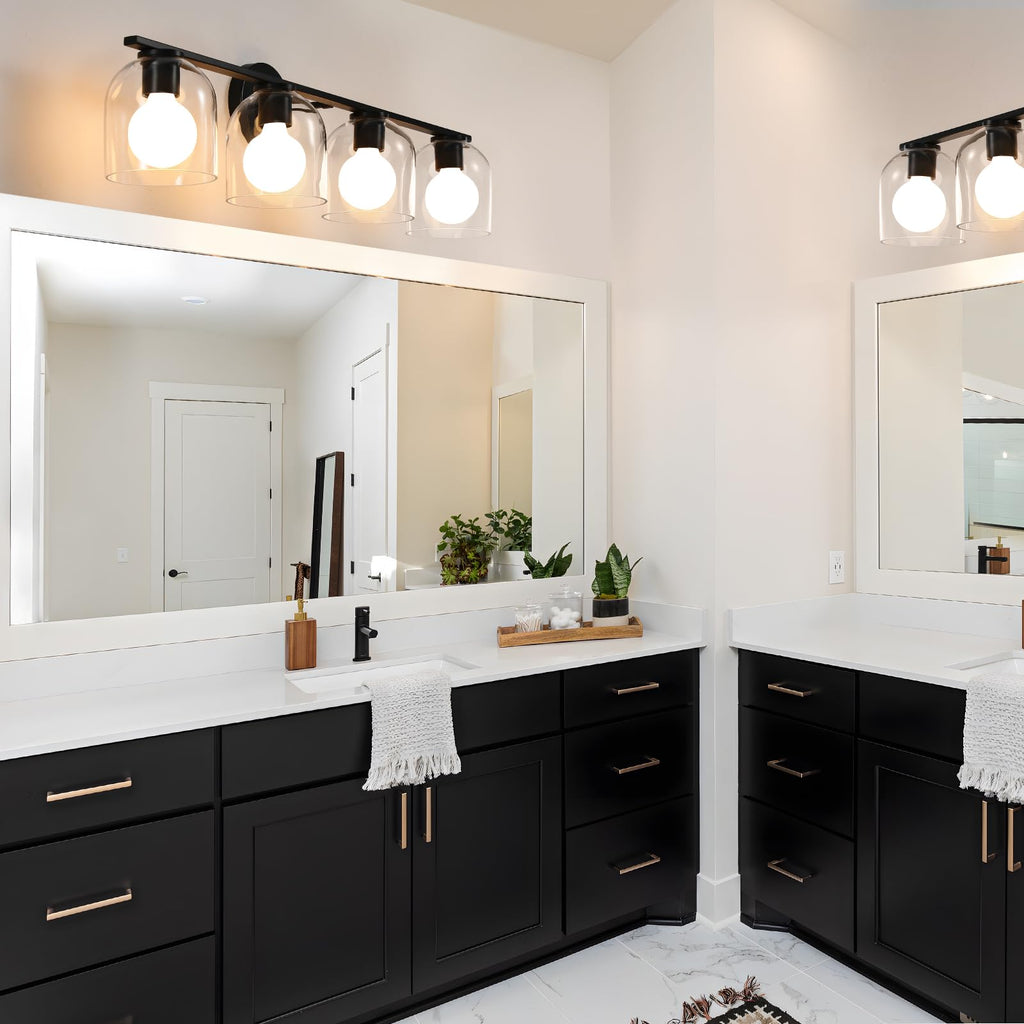 Bathroom Vanity Light Fixtures: 32.3 Inch Modern Matte Black Bathroom Lighting Fixtures Over Mirror with Clear Glass