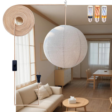 Large Japanese Linen Pendant Light Plug in Paper Lantern 20 Inch Round 16.4FT Cord & E26 LED Bulb Handcrafted