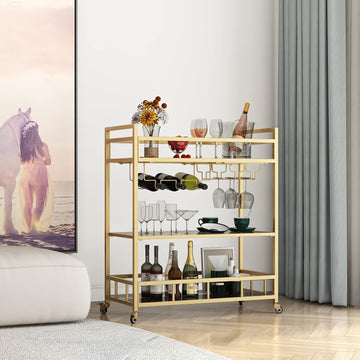 Bar Cart Gold with Bottle Storage and Wine Glass, Rolling Serving Bar Cart on Wheels Indoor & Outdoor, Patio, Gold