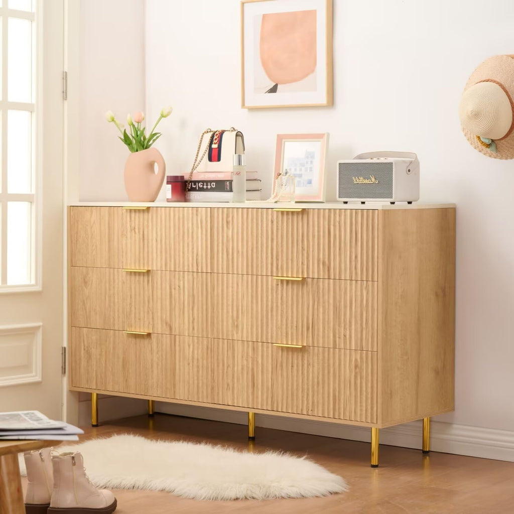 Faux Marble Top 56" Wide 6 Drawers Dresser with Gold Handle, Oak