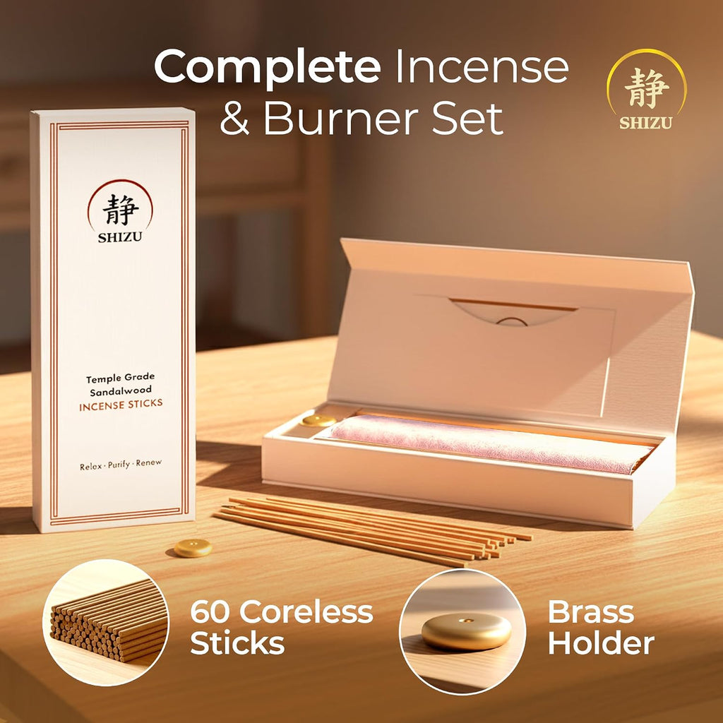 Sandalwood Incense Sticks - Artisanal Temple Grade Japanese Incense with Brass Holder - Subtle, Calming Scent - Set of 60