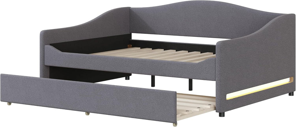 Teddy Fleece Upholstered Daybed with Light and Trundle, Full, Gray