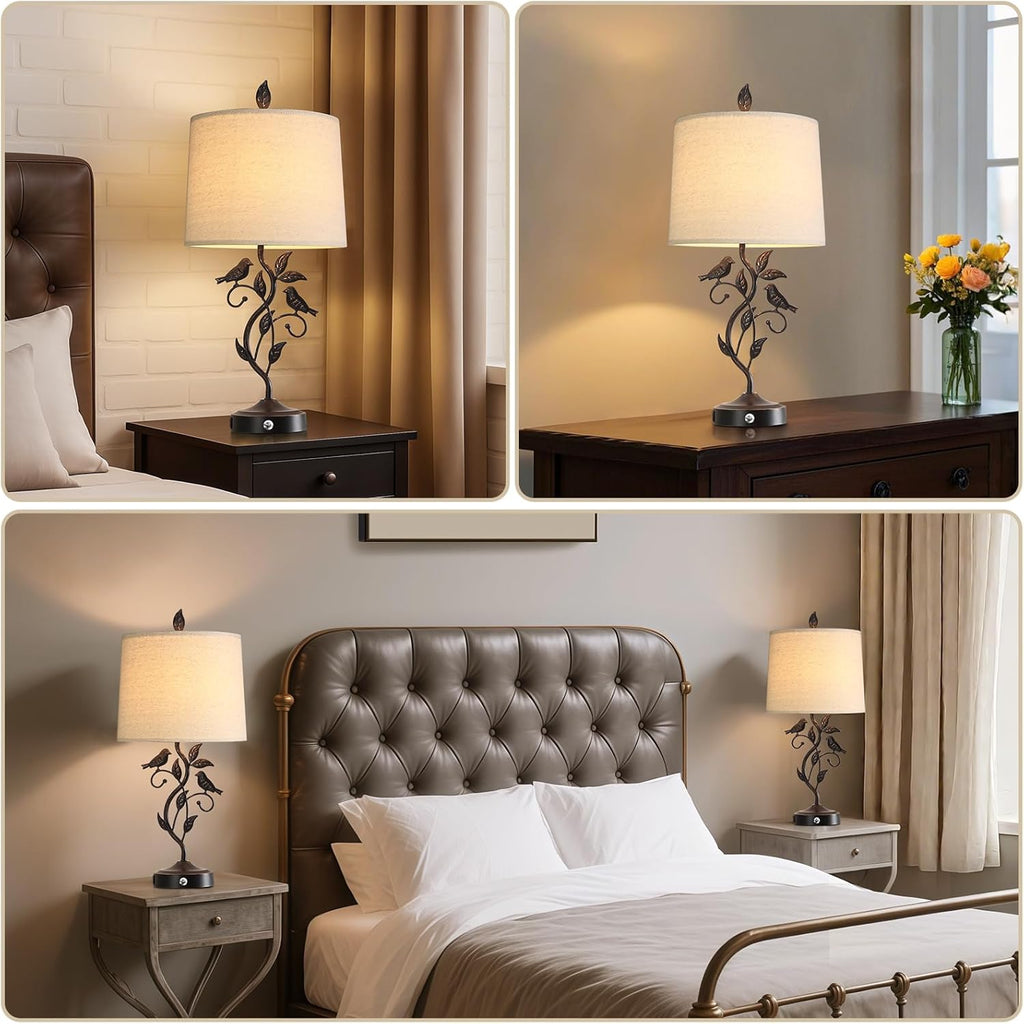 27" Touch Farmhouse Table Lamps with 3-Way Dimmable 2 USB Ports, Vintage Rustic Iron Leaf Nightstand Lamp