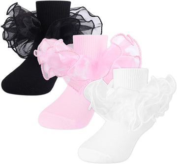 Toddler Girl Socks with Big Ruffle Lace Frilly Turn Cuff Dress Socks