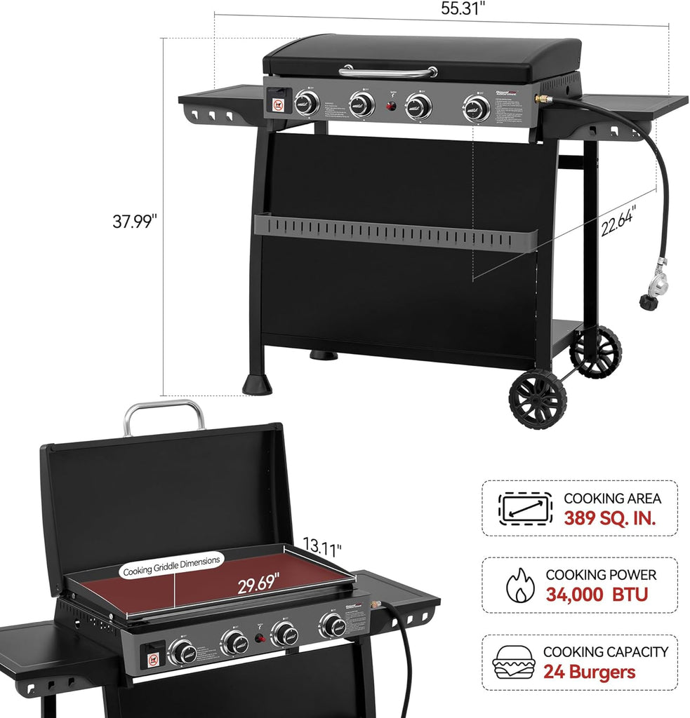 4-Burner Propane Gas Griddle with Removable Cart, Convertible Tabletop Flat Top Grill with Hood for Camping and Backyard