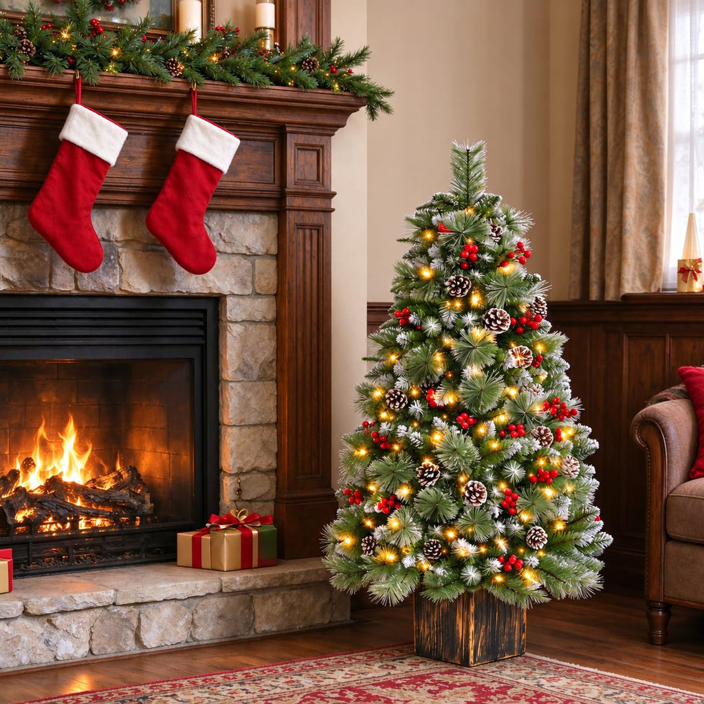 4FT Artificial Christmas Tree, Potted Tree with 100 LED Lights