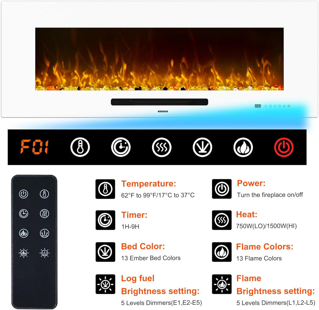 50 inch Electric Fireplace, Recessed & Wall Mounted Fireplace Heater with Remote Control and 750/1500W Thermostat