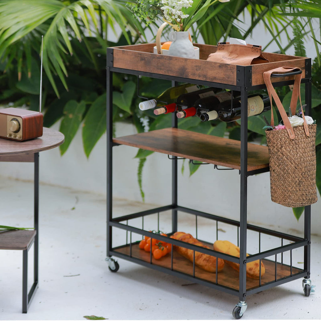 Bar Cart Serving Wine 3 Tier Home Rolling Rack with Wheels Mobile Kitchen Industrial Vintage Style Wood Metal Serving