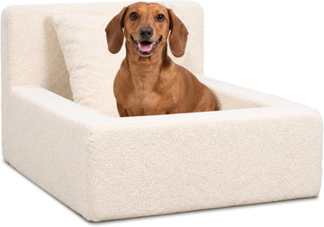 Boucle Dog Bed with Pillow, Furniture Style Dog Couch with Backrest, Washable Calming Pet Sofa Lounge for Small