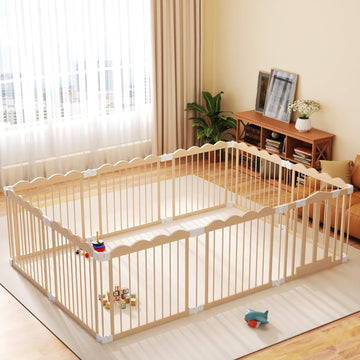 Foldable Baby Playpen Natural Wood Playpen for Babies,Toddlers,Kids Portable Infant Play pens with Door Extra Large