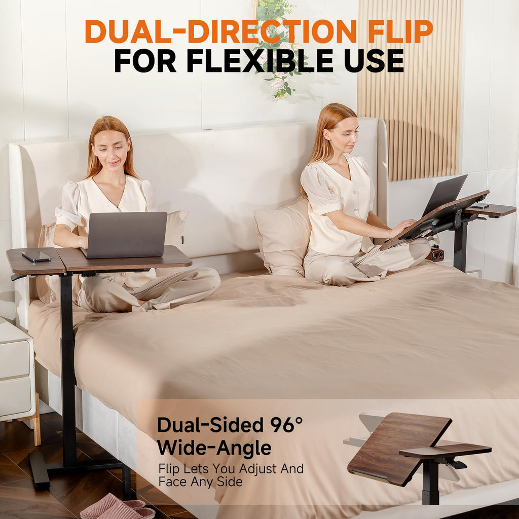 Tiltable Mobile Small Standing Desk, Pneumatic Adjustable Height Overbed Bedside Table with Wheels, Sit Stand