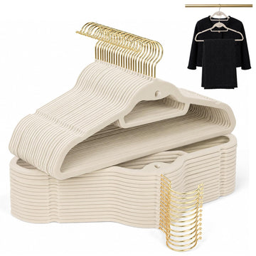 Ivory Velvet Hangers 50 Pack with Stackable Cascading Gloden Hook