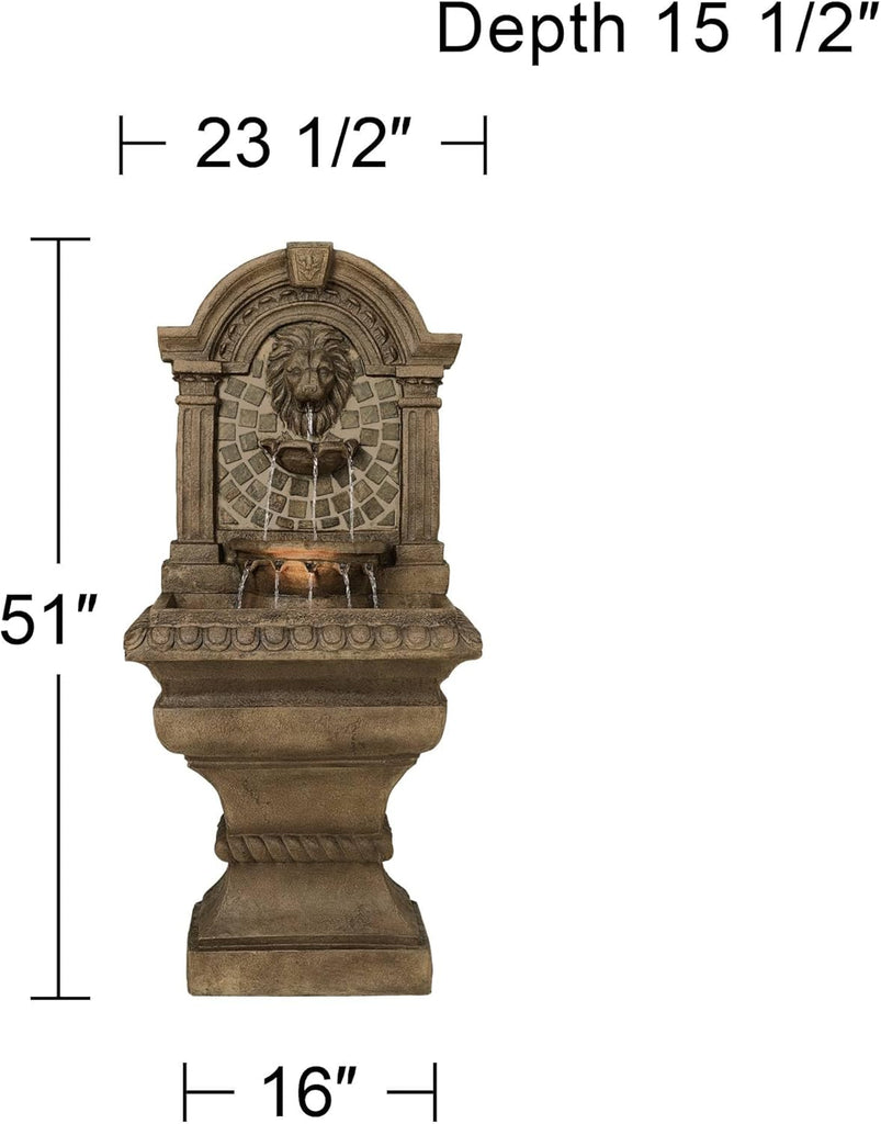 Royal Lions Head 51" High Large Italian Outdoor Decor Faux Stone Floor Fountain with Light Statue Waterfall Standing