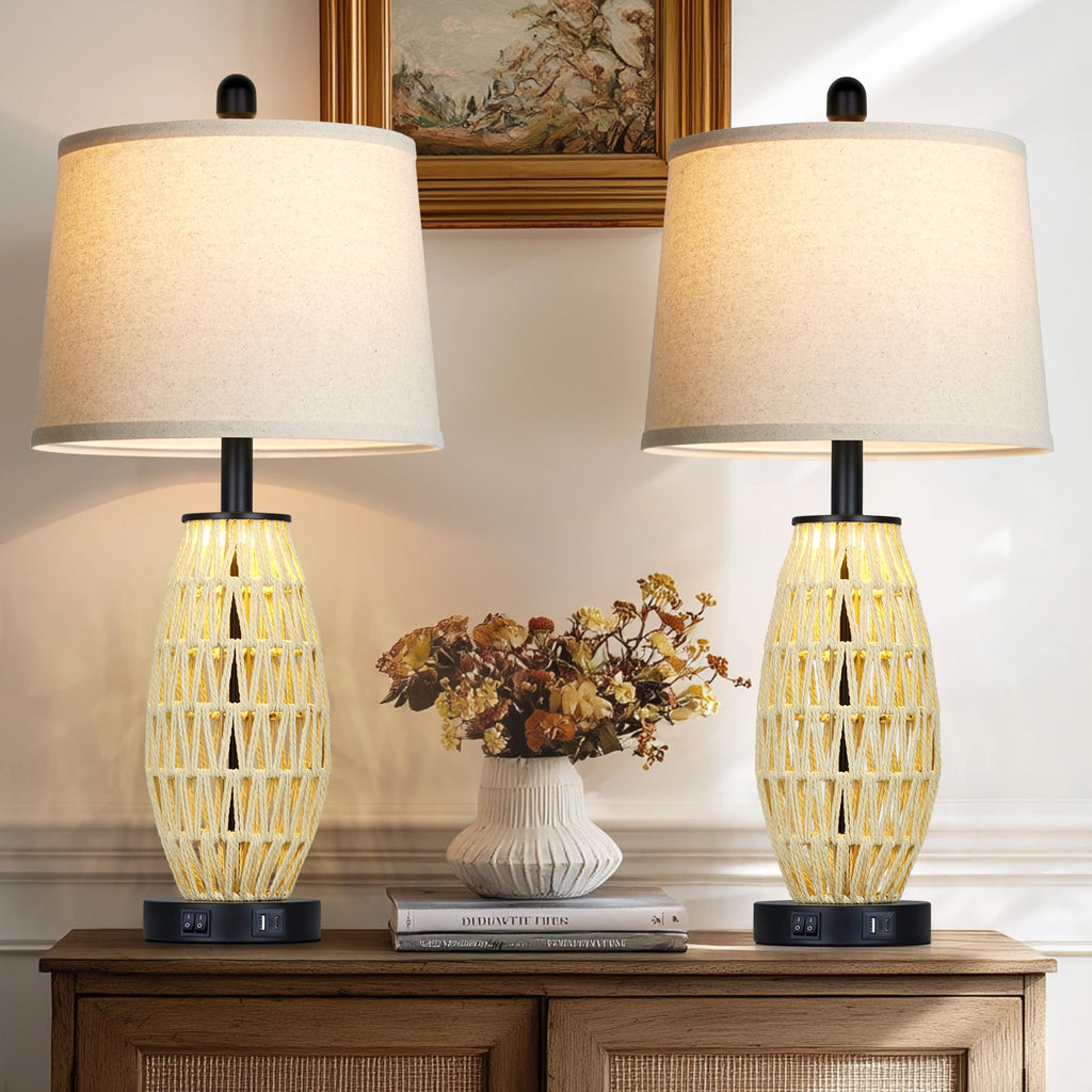 27" Beige Boho Rattan Table Lamps with Night Light, Natural Bedroom Lamps Set of 2 with USB A+C Charging Ports