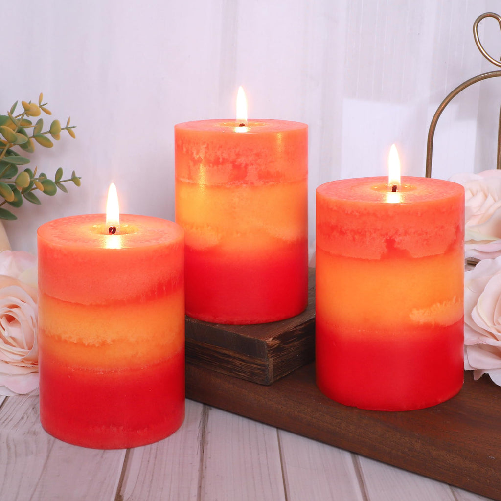 3x4 Inch Pillar Candles 3 Pack Rustic Orange Handmade Layered Clean Burning Pumpkin Spice Scented Candles Fall