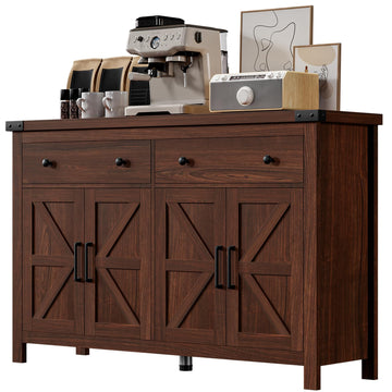 Buffet Cabinet with Storage Farmhouse with 4 Doors and 2 Drawers, 55'' Large Kitchen Storage Cabinet Cherry Wood