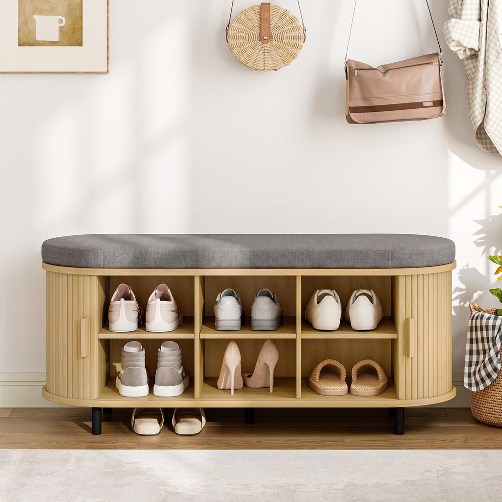 43" Shoe Bench with Storage, Fluted Shoe Storage Bench, Oak