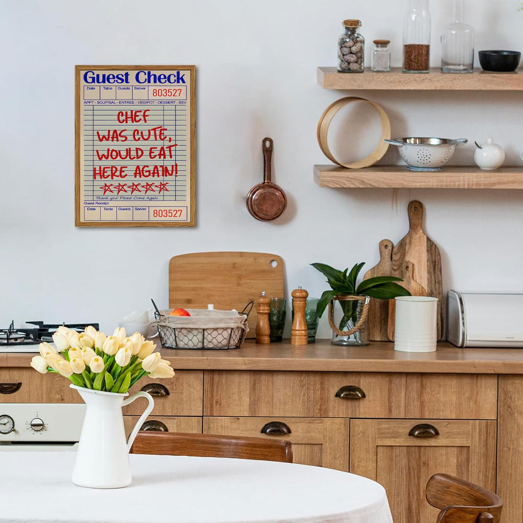Framed Kitchen Wall Art, Retro Chef Was Cute Would Eat Here Again Pictures Wall Decor, Funky Guest Check Poster