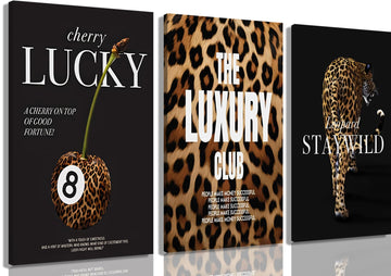 Fashion Leopard Wall Art Set of 3, Trendy Animal Print Canvas Wild Cheetah Inspirational Lucky 8 Ball Painting Wall