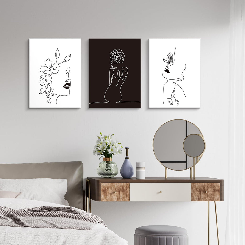 Minimalist Line Art Prints Set of 3 Abstract Women Faces Flower Wall Art Black and White Line Drawing Painting Modern