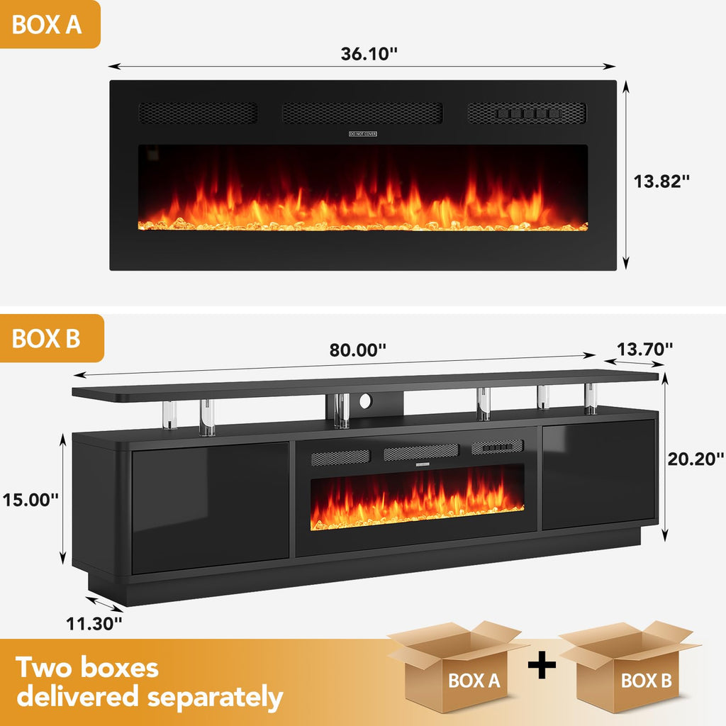 80" for TVs Up to 90", 36" Fireplace with Adjustable Flames, Double LED Lights & Remote Control, Entertainment Center
